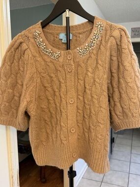 Cece Short-Sleeve Rhinestone Cardigan Sweater Crewneck/ Puff Sleeves size XL